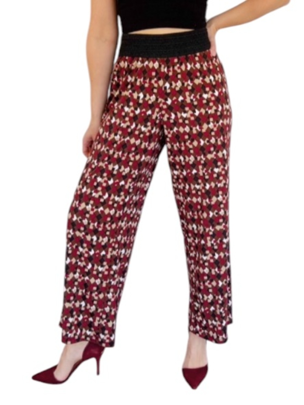 Robert Louis maroon abstract crochet contrast waistband wide leg pants size PM